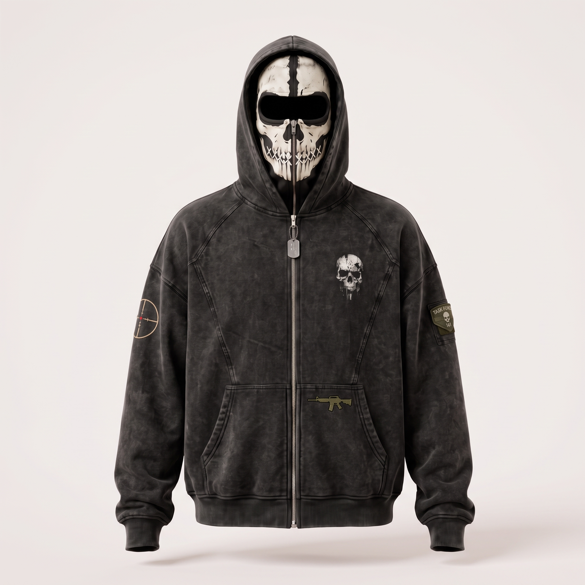 The Respawn Hoodie front view, skull balaclava zipped with the hood up