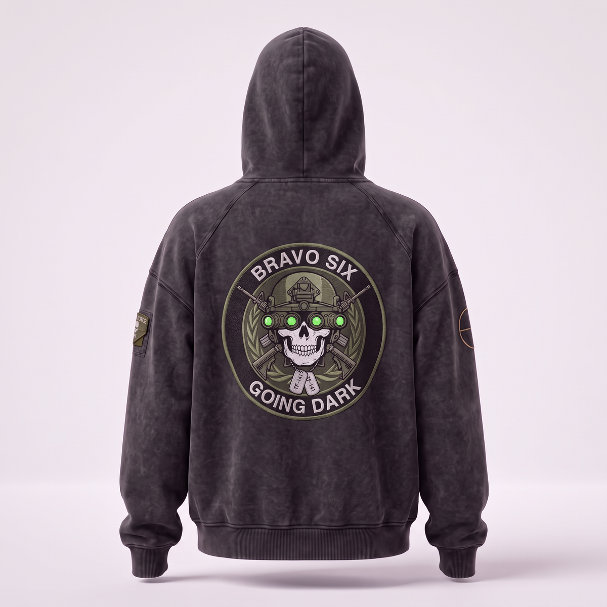 The Respawn Hoodie back view with the night-vision skull emblem