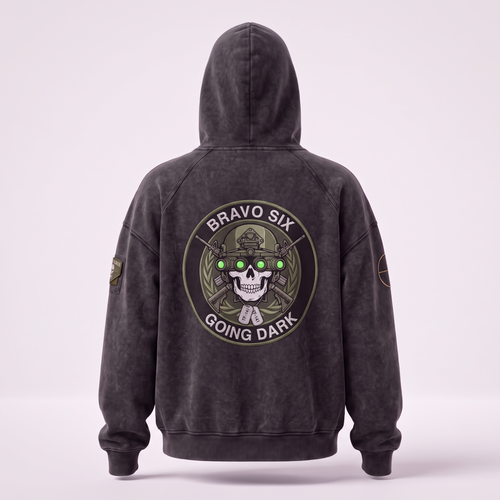 The Respawn Hoodie back view with the night-vision skull emblem